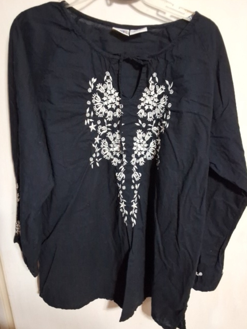 Women's Black Embroidered Tunic Top with White Floral Detail